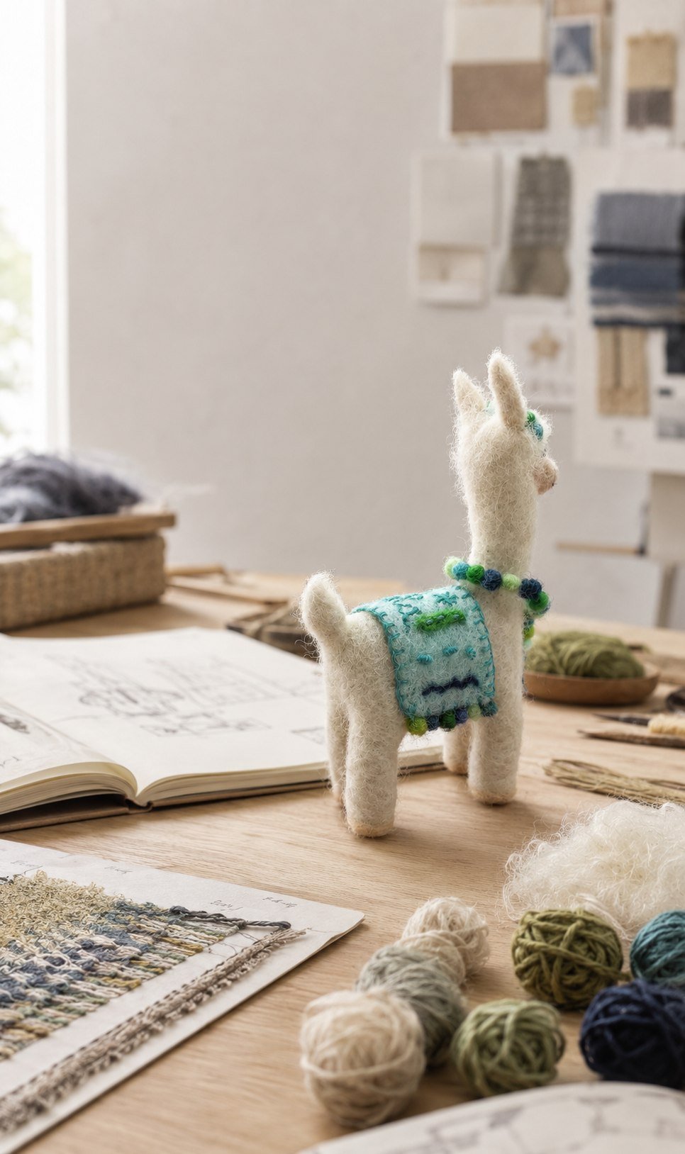 Personaje textil de una llama, con una manta tejida sobre el lomo.