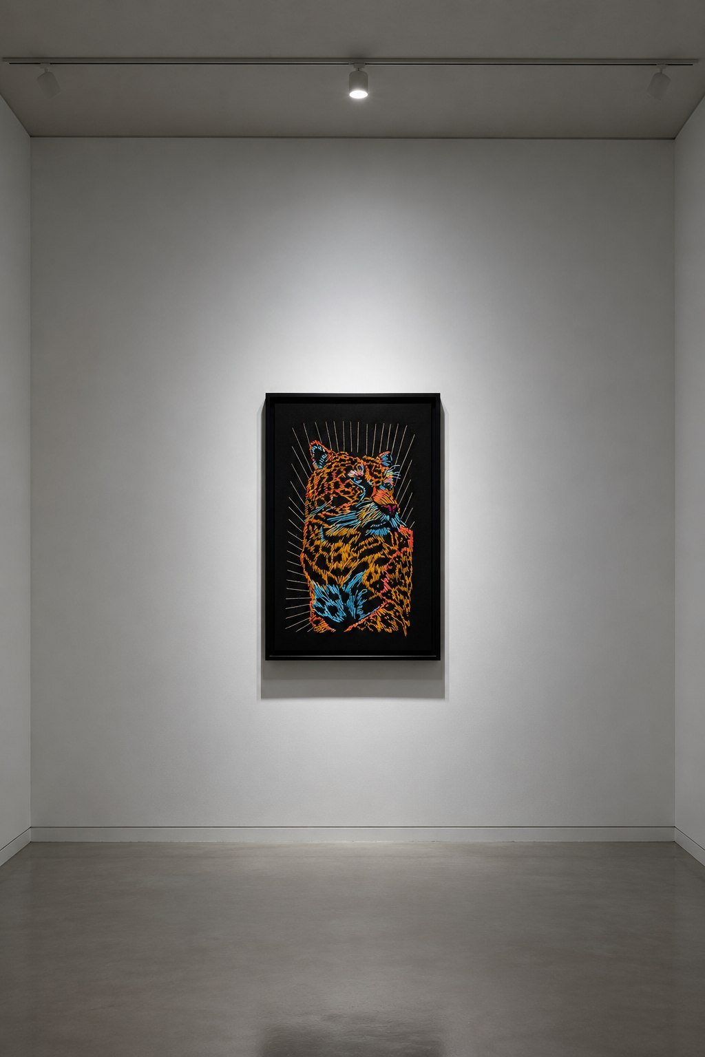 Obra textil de un felino, enmarcada y expuesta en una sala de galería de paredes blancas.